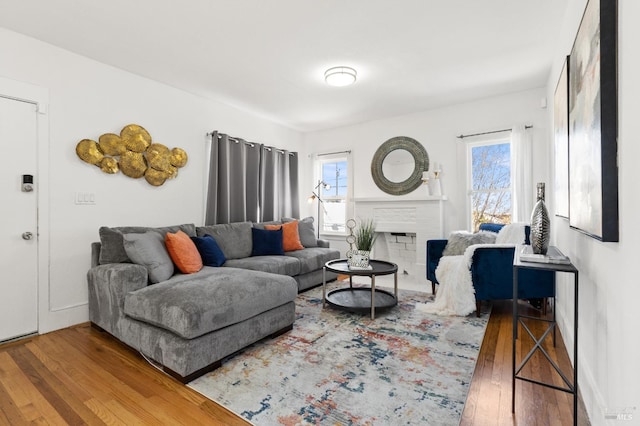 living room featuring a fireplace, a healthy amount of sunlight, and wood-type flooring