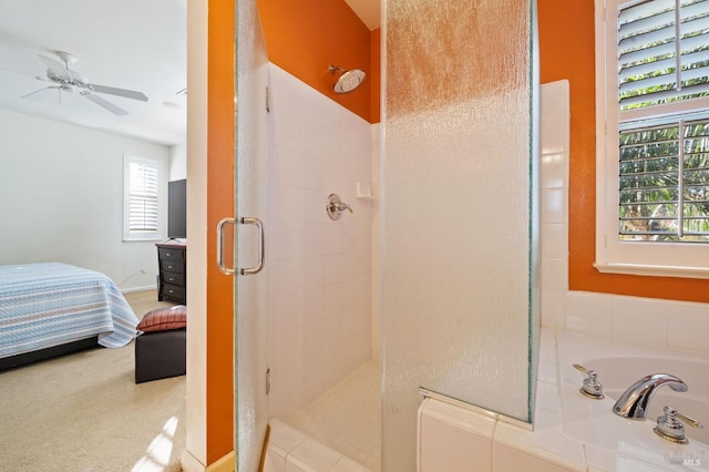 bathroom featuring ceiling fan and plus walk in shower