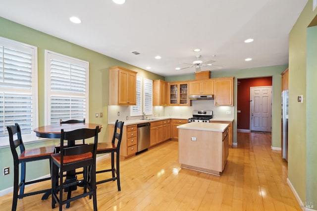 kitchen with light hardwood / wood-style floors, a center island, sink, ceiling fan, and appliances with stainless steel finishes