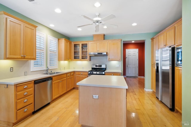 kitchen with stainless steel appliances, light hardwood / wood-style floors, sink, ceiling fan, and a kitchen island