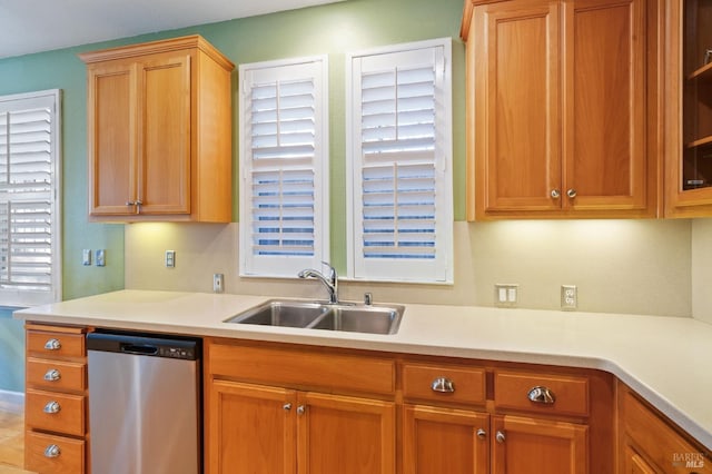 kitchen featuring stainless steel dishwasher, a sink, and light countertops