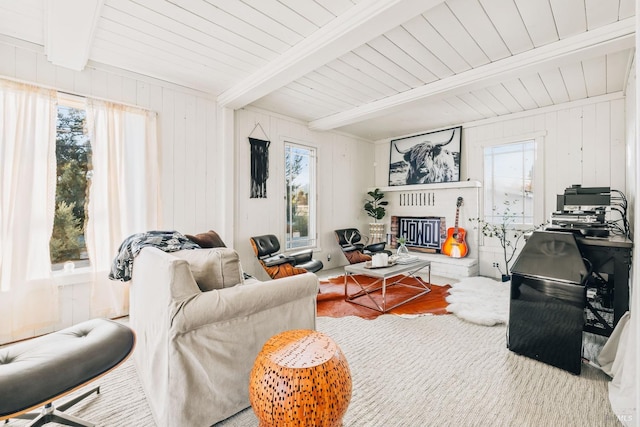 living room featuring wood ceiling, hardwood / wood-style floors, wood walls, beam ceiling, and a fireplace