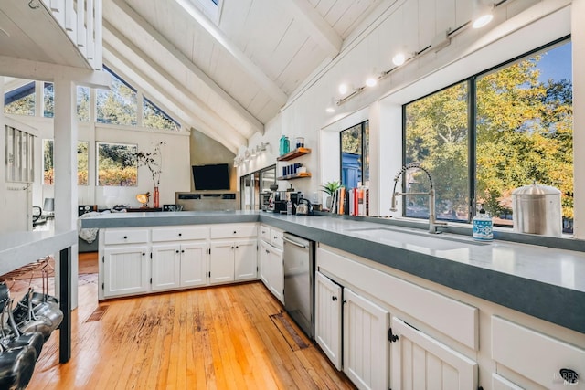 kitchen featuring sink, high vaulted ceiling, beamed ceiling, white cabinetry, and light hardwood / wood-style flooring