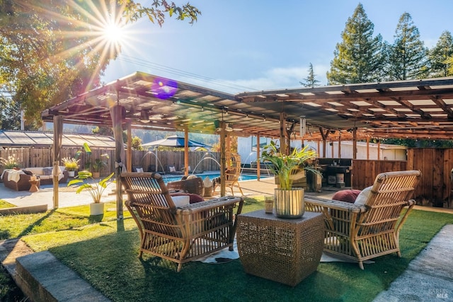 view of patio featuring a fenced in pool, outdoor lounge area, a pergola, and pool water feature