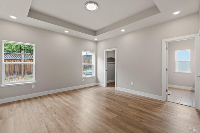 interior space with light hardwood / wood-style flooring, a raised ceiling, and a spacious closet