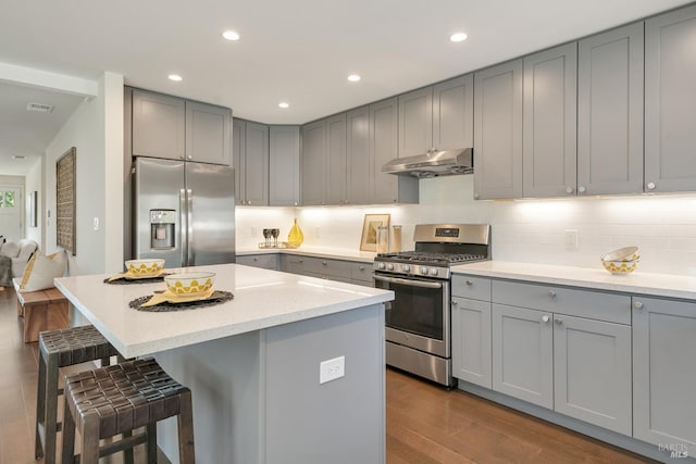 kitchen with gray cabinetry, backsplash, appliances with stainless steel finishes, dark wood-type flooring, and a center island