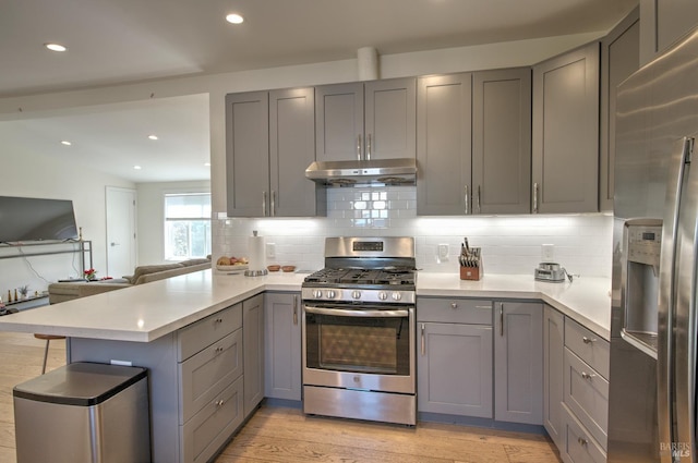 kitchen featuring stainless steel appliances, gray cabinets, decorative backsplash, kitchen peninsula, and light hardwood / wood-style flooring