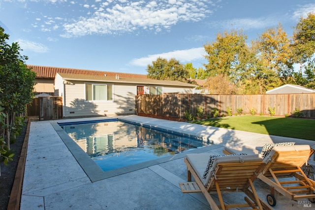 view of pool featuring a patio and a lawn