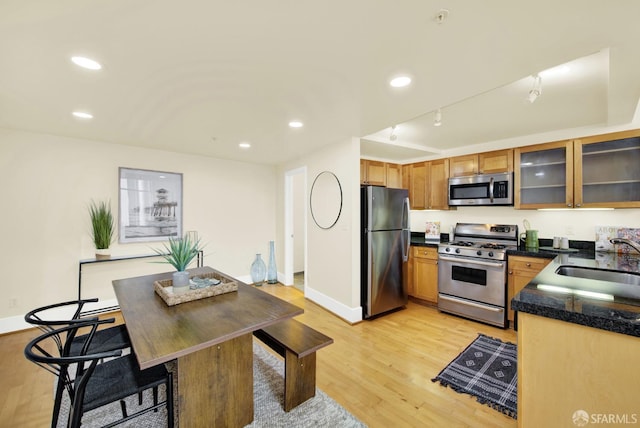 kitchen with light wood-type flooring, sink, and appliances with stainless steel finishes