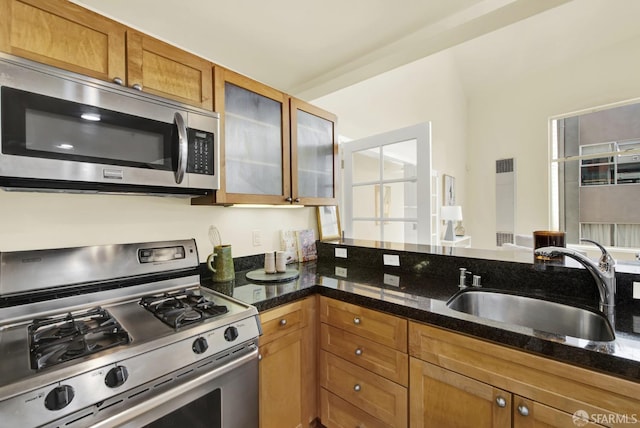 kitchen with sink, appliances with stainless steel finishes, and dark stone counters