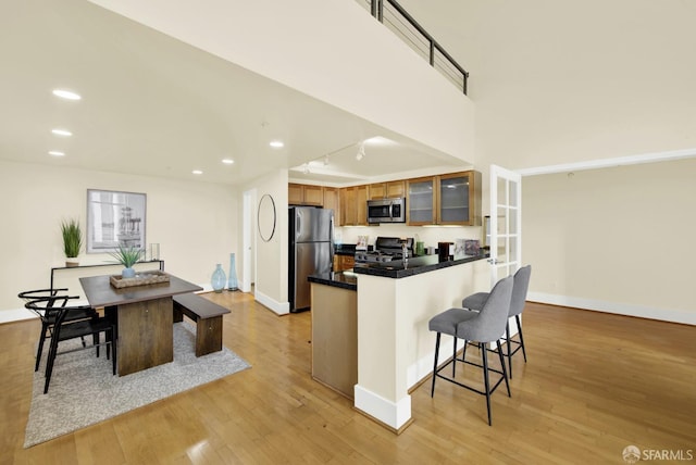 kitchen with kitchen peninsula, stainless steel appliances, light hardwood / wood-style floors, and a breakfast bar area