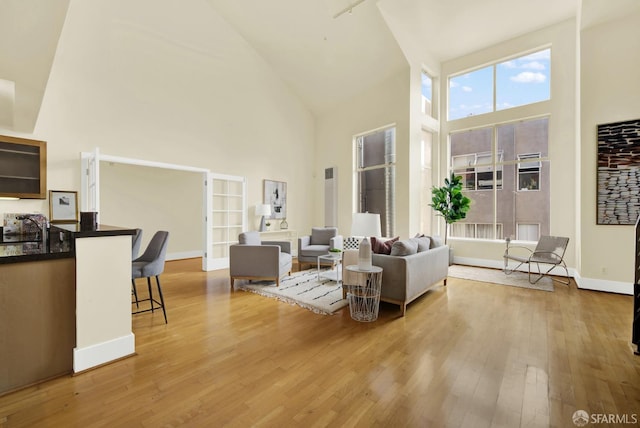 living room with light hardwood / wood-style floors and a towering ceiling