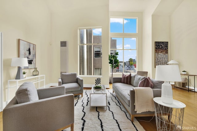 living room featuring a high ceiling and light hardwood / wood-style flooring