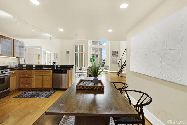 kitchen featuring light hardwood / wood-style flooring, sink, stainless steel appliances, and track lighting