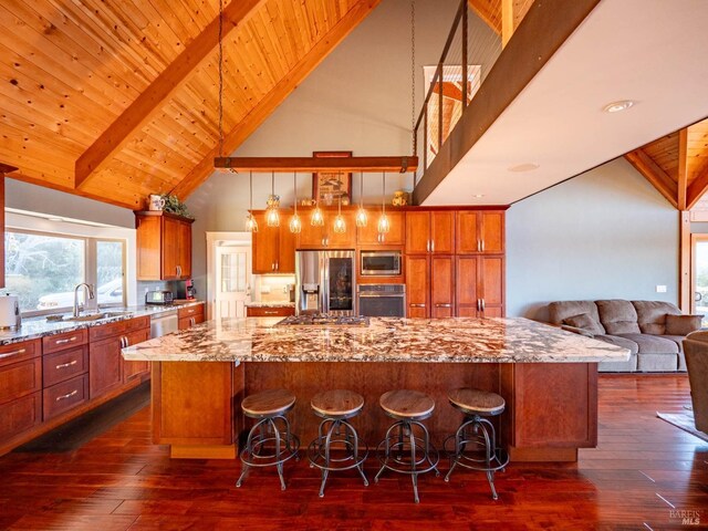 43500 Crispin Rd, Manchester, CA 95459 - kitchen featuring stainless steel appliances, high vaulted ceiling, a sink, light stone countertops, and a large island