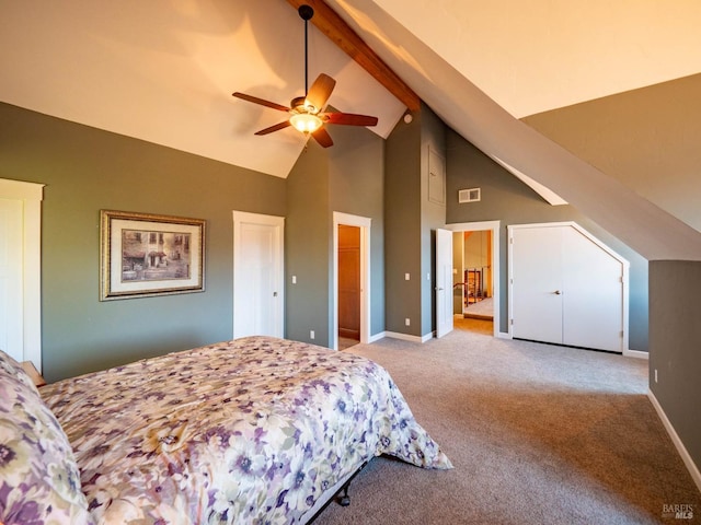 carpeted bedroom featuring high vaulted ceiling, ceiling fan, and beam ceiling