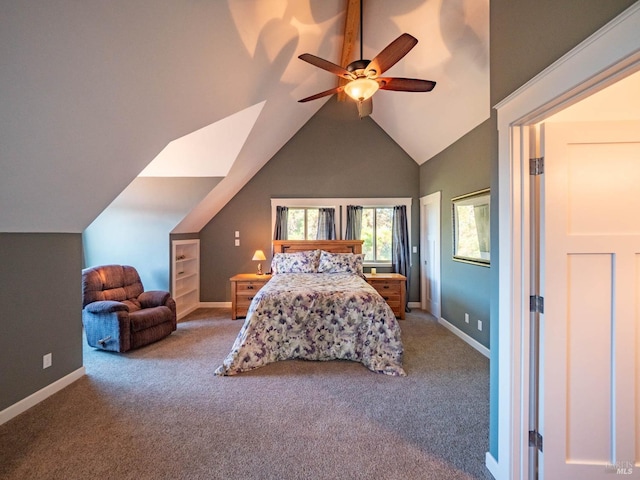 carpeted bedroom with lofted ceiling and ceiling fan