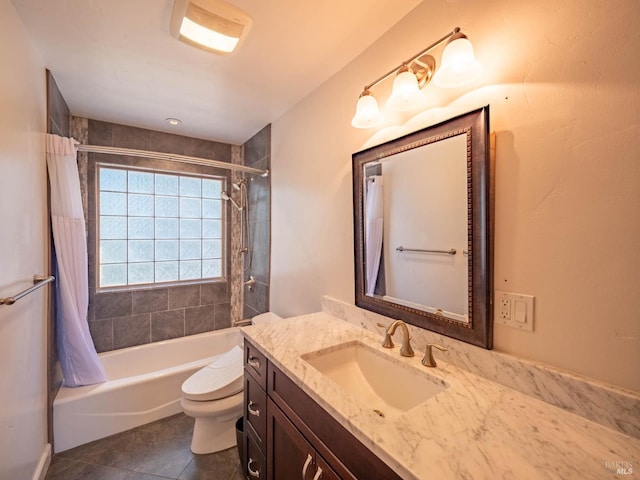 full bathroom with vanity, tile patterned flooring, shower / bathtub combination with curtain, and toilet