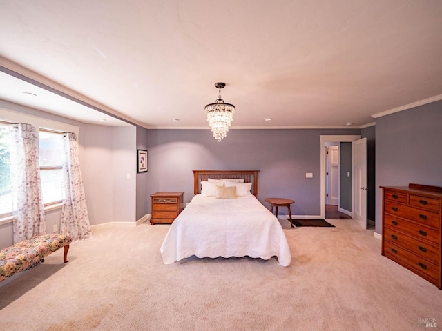 bedroom featuring light colored carpet, crown molding, and a notable chandelier