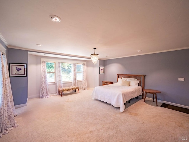 carpeted bedroom with ornamental molding