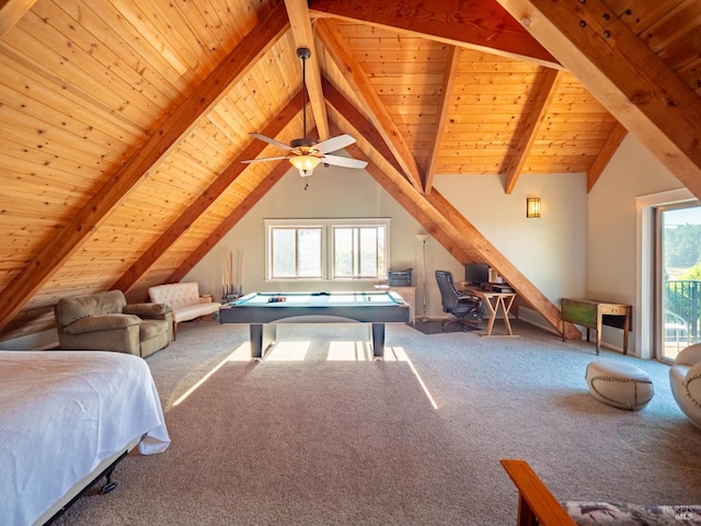 interior space featuring multiple windows, carpet, and wooden ceiling