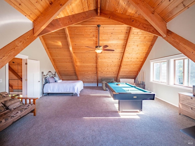 unfurnished bedroom featuring carpet flooring, lofted ceiling with beams, pool table, and wood ceiling