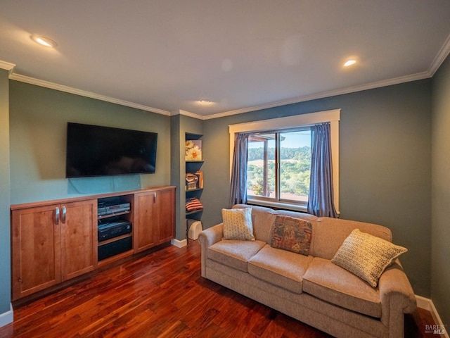 living room featuring dark wood-type flooring and crown molding