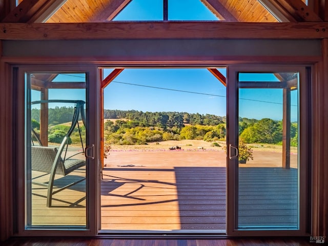 doorway featuring dark wood-type flooring and lofted ceiling