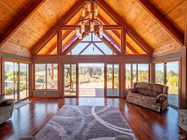 43500 Crispin Rd, Manchester, CA 95459 - living room with a chandelier, wood-type flooring, beamed ceiling, wooden ceiling, and high vaulted ceiling