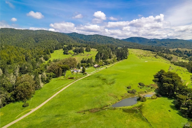 aerial view featuring a water and mountain view