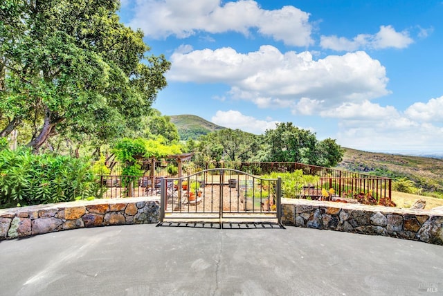 view of patio featuring a mountain view