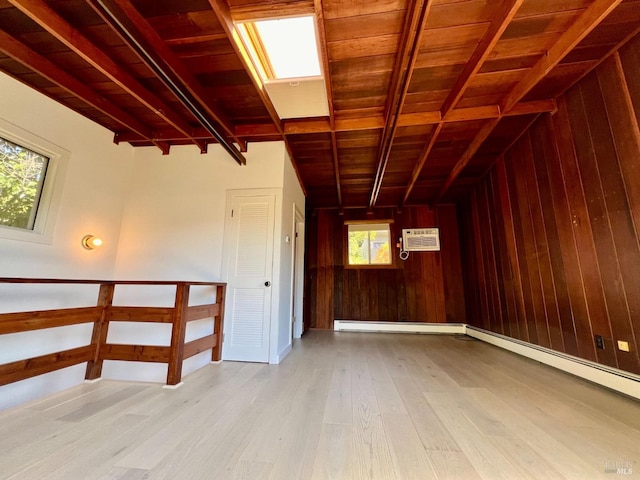 empty room featuring light hardwood / wood-style floors, lofted ceiling with skylight, baseboard heating, wood ceiling, and wooden walls