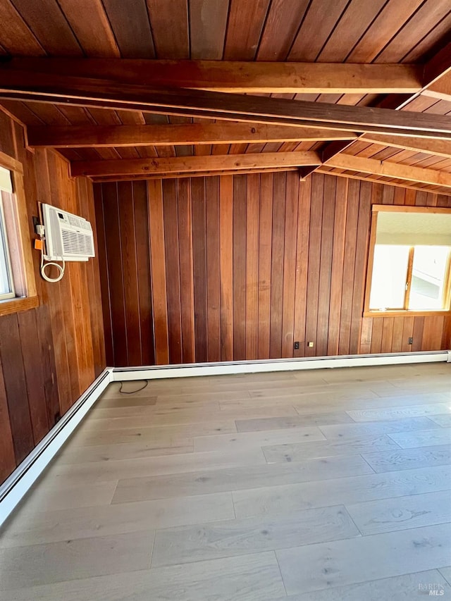 empty room with wood-type flooring, wooden walls, wooden ceiling, lofted ceiling with beams, and a wall mounted air conditioner