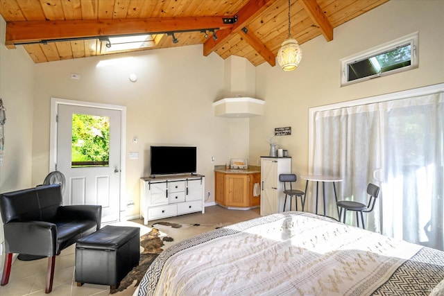 tiled bedroom with beamed ceiling, wooden ceiling, and high vaulted ceiling