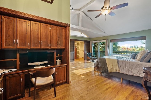 bedroom featuring high vaulted ceiling, light hardwood / wood-style flooring, ceiling fan, built in desk, and beamed ceiling