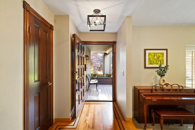 doorway to outside featuring light hardwood / wood-style floors and an inviting chandelier