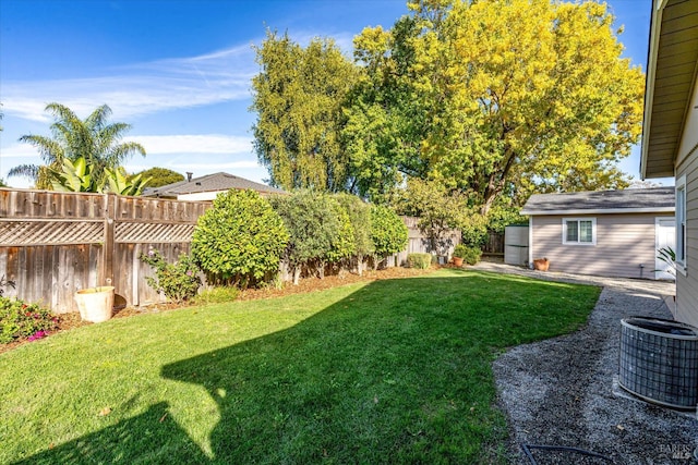 view of yard with central air condition unit and a fenced backyard
