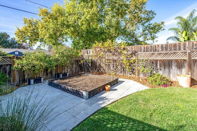 view of yard with a fenced backyard and a patio