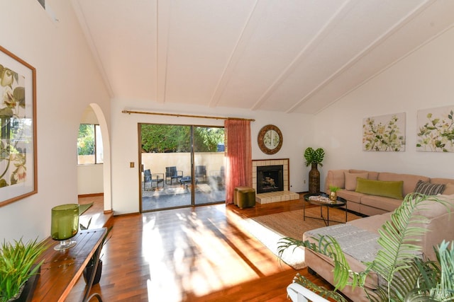 living room with plenty of natural light, a fireplace, vaulted ceiling, and wood finished floors