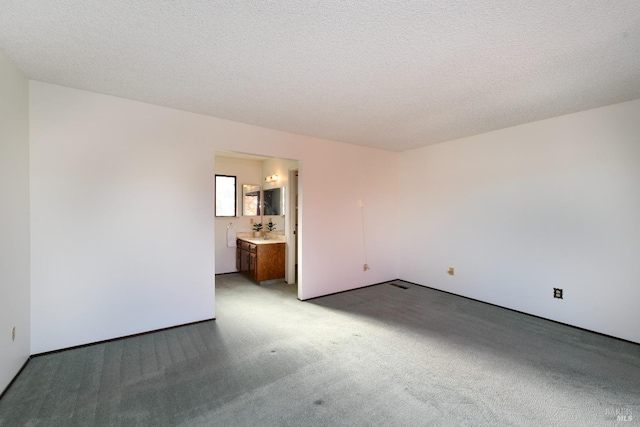 unfurnished room featuring a textured ceiling, carpet floors, and a sink