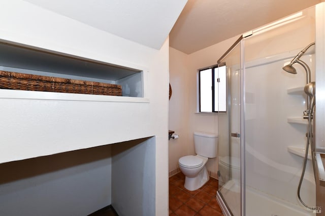 full bathroom with a stall shower, toilet, and tile patterned floors