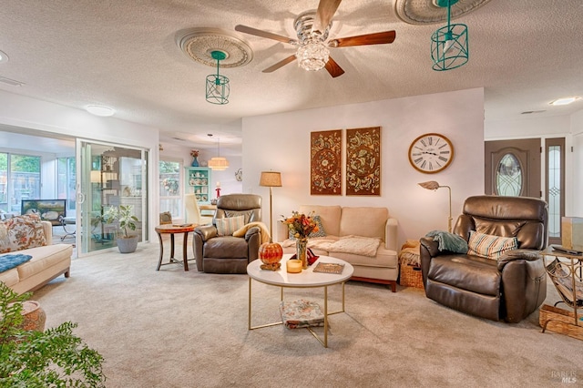 20 Meadowgreen Cir, Santa Rosa, CA 95409 - carpeted living area featuring a textured ceiling and ceiling fan