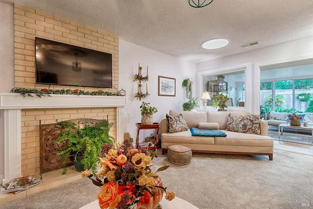 20 Meadowgreen Cir, Santa Rosa, CA 95409 - living room with a fireplace, carpet floors, and a textured ceiling