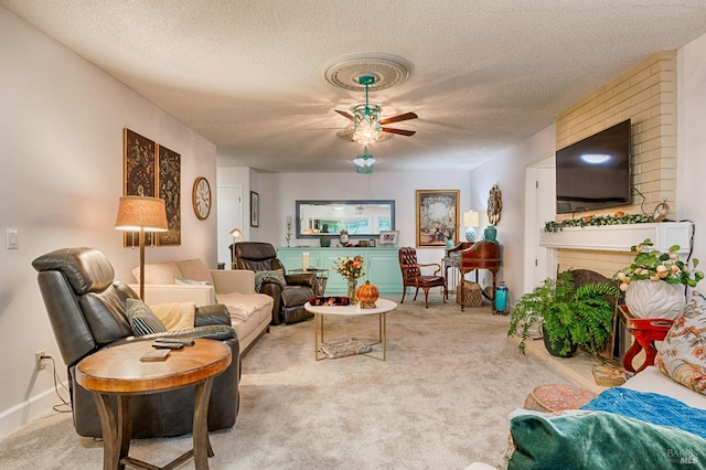 20 Meadowgreen Cir, Santa Rosa, CA 95409 - living area featuring carpet flooring, ceiling fan, a textured ceiling, and a brick fireplace