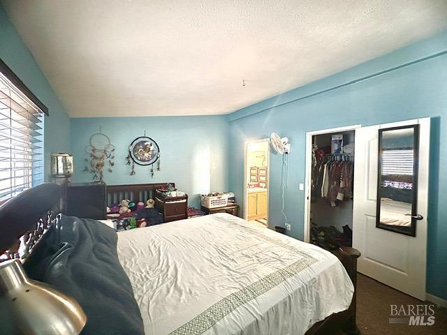 carpeted bedroom featuring a textured ceiling, a closet, and lofted ceiling