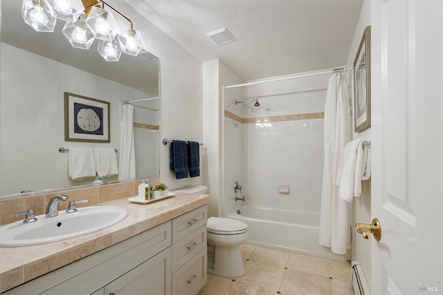 full bathroom featuring tile patterned flooring, vanity, baseboard heating, toilet, and shower / bathtub combination with curtain