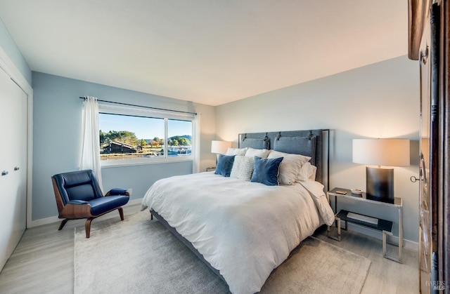 bedroom with light hardwood / wood-style floors and a closet