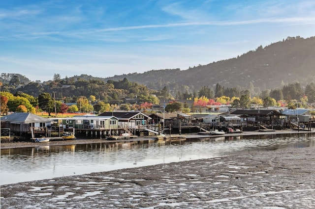 view of dock featuring a water and mountain view