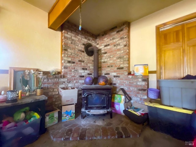 interior details featuring a wood stove