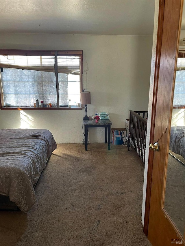 bedroom with carpet flooring and a textured ceiling